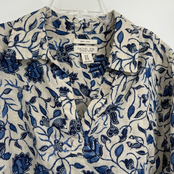 Rachel Zoe Size 1X Women’s 100% Linen Cream Blue Floral Popover Tunic Blouse - Picture 6 of 9
